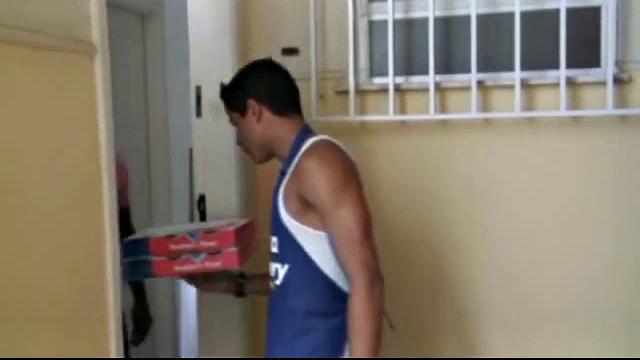 It has been a long hot day delivering pizza, and Martino has one more stop. Otavio Silva and Otavo Alves are at least dressed when Martion arrives. It's only a matter of time before they have their hands in their pants, though.