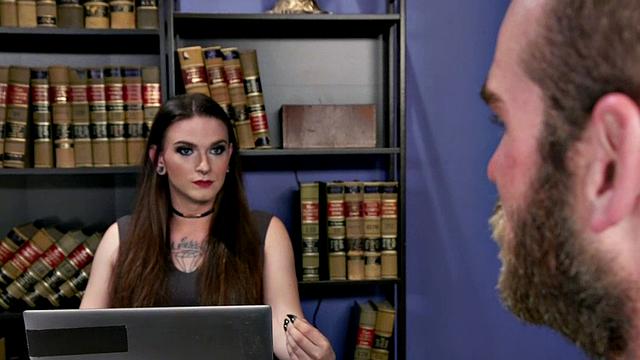 Shemale domina barebacks guy in office