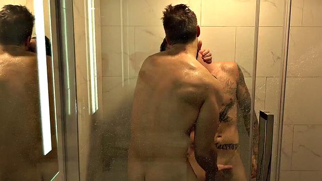 FTM amateur inked stud fucked under shower after BJ