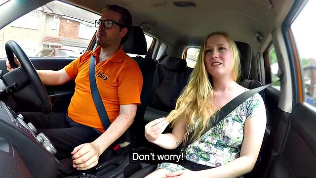 British blonde teen with glasses rides and sucks off her instructor's hard cock