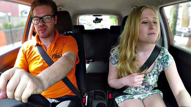 British blonde teen with glasses rides and sucks off her instructor's hard cock