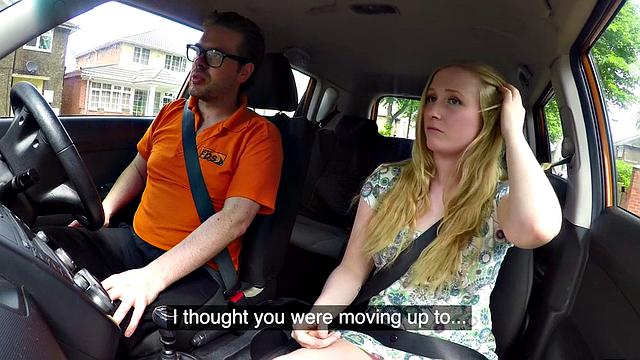 British blonde teen with glasses rides and sucks off her instructor's hard cock