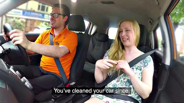 British blonde teen with glasses rides and sucks off her instructor's hard cock