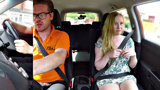 British blonde teen with glasses rides and sucks off her instructor's hard cock