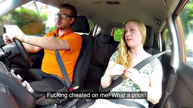 British blonde teen with glasses rides and sucks off her instructor's hard cock