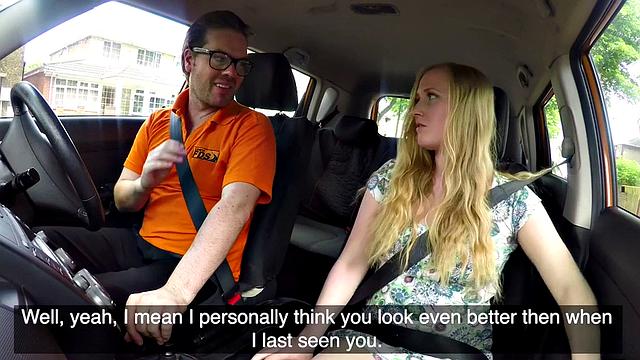 British blonde teen with glasses rides and sucks off her instructor's hard cock