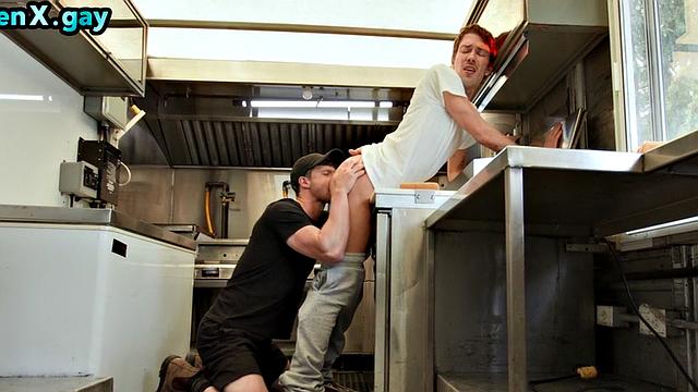 Manly stud rims and fucks public bottom in kitchen