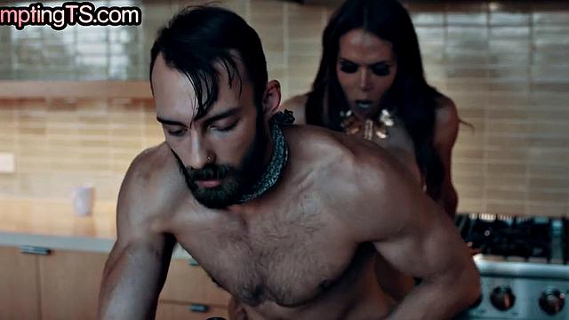 TS big ass and big boobs MILF 3some fucked in the kitchen