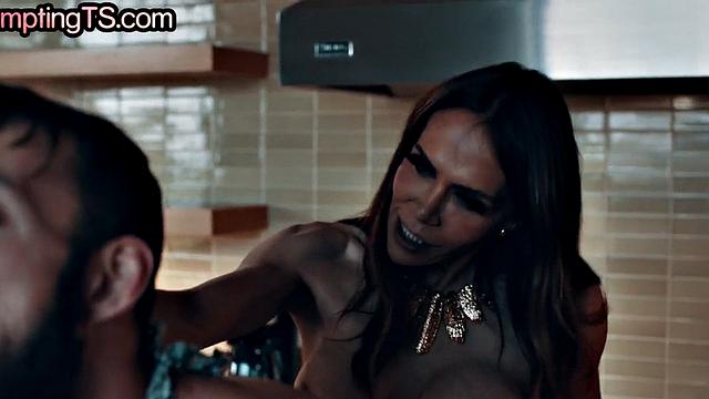 TS big ass and big boobs MILF 3some fucked in the kitchen