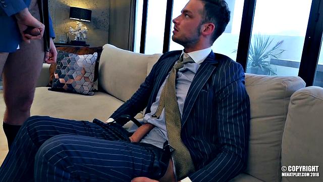 two suited men get soaked in the rain and fuck hard indoors