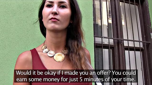 Big tits brunette fucks for cash outdoors