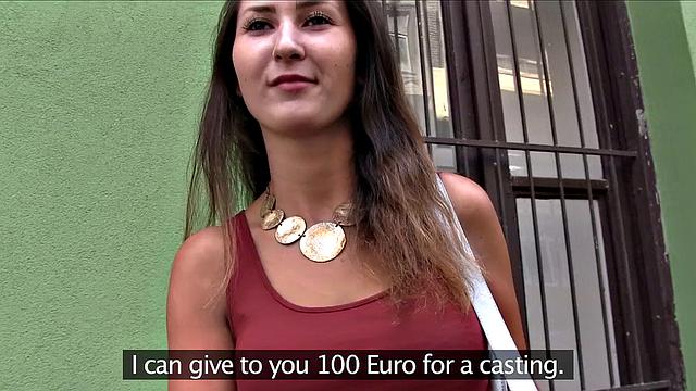 Big tits brunette fucks for cash outdoors