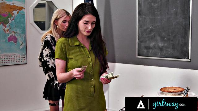 GIRLSWAY - Horny MILF Motivates Stepdaughter Chloe Surreal Under Table While Selling Pastries