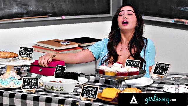 GIRLSWAY - Horny MILF Motivates Stepdaughter Chloe Surreal Under Table While Selling Pastries