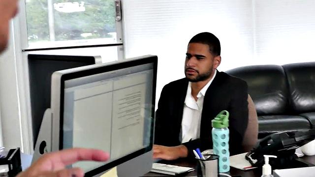 Kinky employee gets a taste of three guys while getting his ass licked and rimmed by them on the sofa