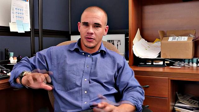 Kinky employee gets a taste of three guys while getting his ass licked and rimmed by them on the sofa