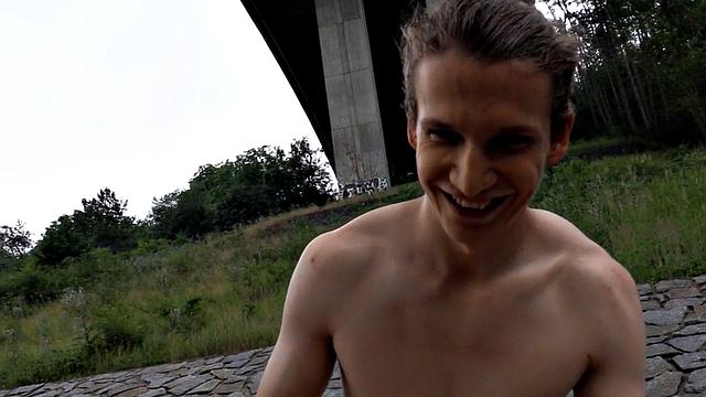 Deepthroating Euro twink fucked outdoors in public POV