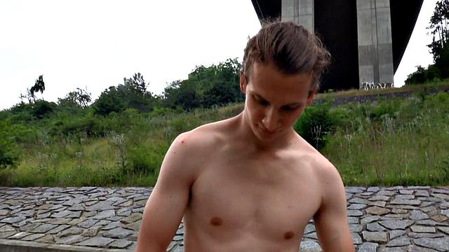Deepthroating Euro twink fucked outdoors in public POV