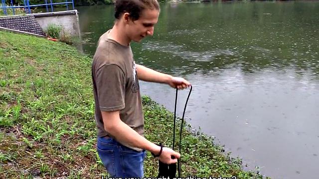 Deepthroating Euro twink fucked outdoors in public POV