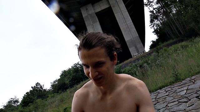 Deepthroating Euro twink fucked outdoors in public POV