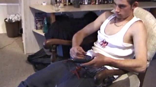 Skater punk Vince O'Neil strolls in after a long day of skating hard. He was hoping to pick up some chicks at the park, but comes back empty handed. So, he puts his hand to work, and with a little help from his friend, out pops a big cum load.