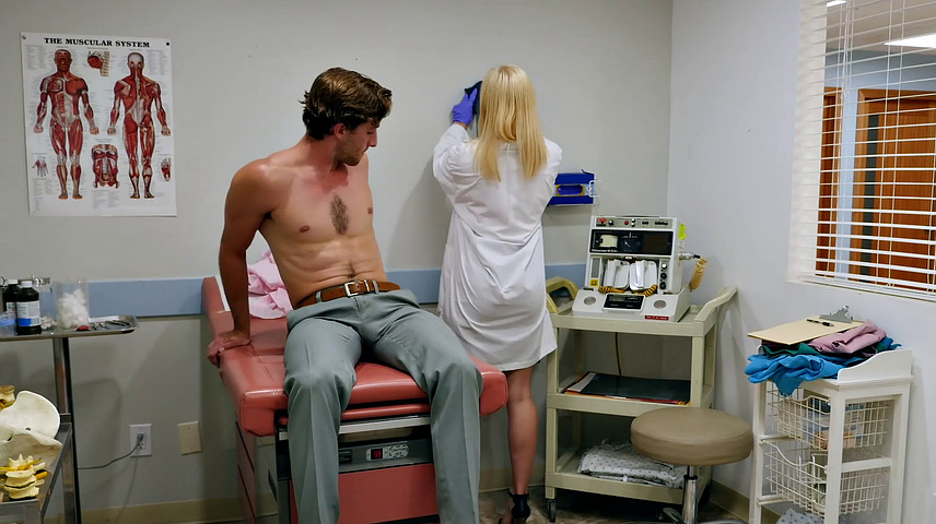 Blonde bombshell gets her tight pussy drilled in doggystyle while being licked by the doctor