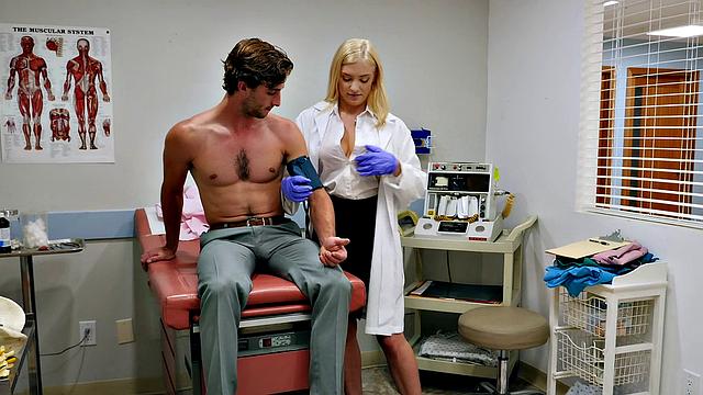 Blonde bombshell gets her tight pussy drilled in doggystyle while being licked by the doctor