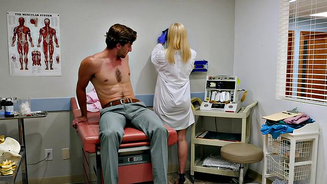 Blonde bombshell gets her tight pussy drilled in doggystyle while being licked by the doctor