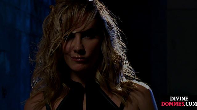 Busty domina pegging incels' butthole