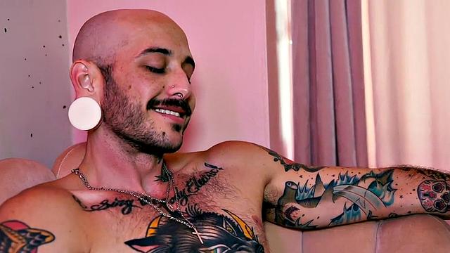 Tattooed TS fucks GF with strapon in her wet muff