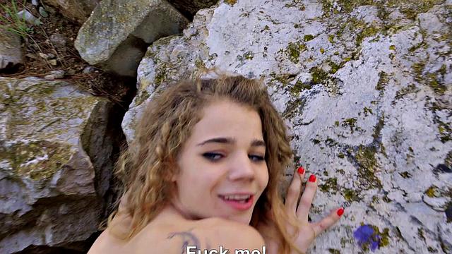 Naughty hitchhiker with a pierced pussy gets wild in denim jeans & outdoor missionary