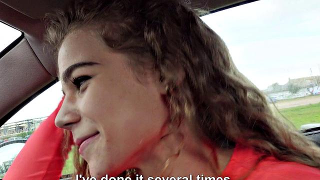 Naughty hitchhiker with a pierced pussy gets wild in denim jeans & outdoor missionary