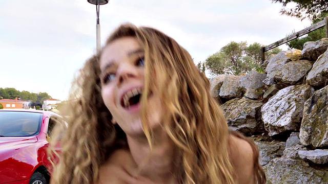 Naughty hitchhiker with a pierced pussy gets wild in denim jeans & outdoor missionary