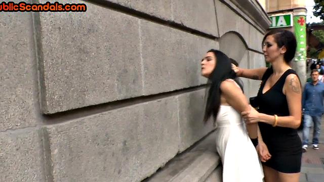 Public BDSM slut whipped and throat fucked outdoor in threesome