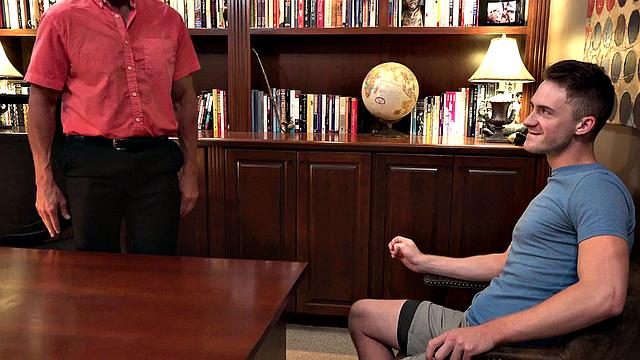 Bottom gaydaddy barebacked in office by top stud