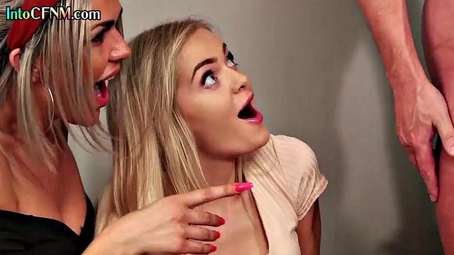 Nasty CFNM babes cocksucking a old guy