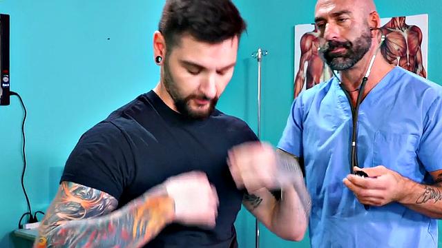 Fisting doctor fucks and fists jock in infirmary 3some