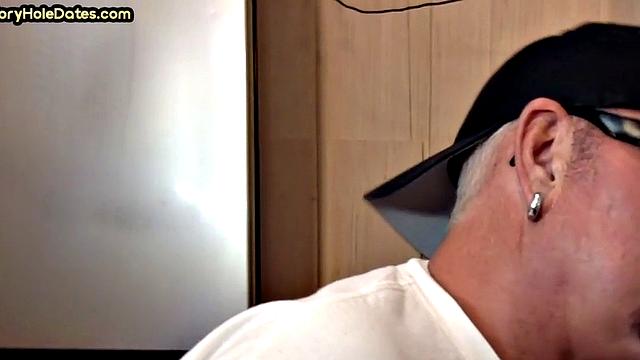 Mature gay sucker gets gloryhole fucked in closeup