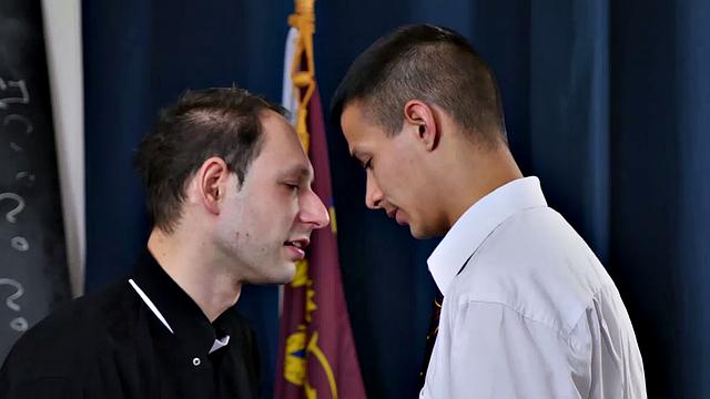 Young Will Sims likes older guys and has always had a thing for Victor, so he decides to see if he can entice the priest. At his desk, Will pulls out his hard and soon the two are kissing passionately.