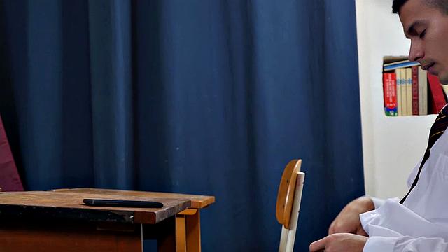 Young Will Sims likes older guys and has always had a thing for Victor, so he decides to see if he can entice the priest. At his desk, Will pulls out his hard and soon the two are kissing passionately.