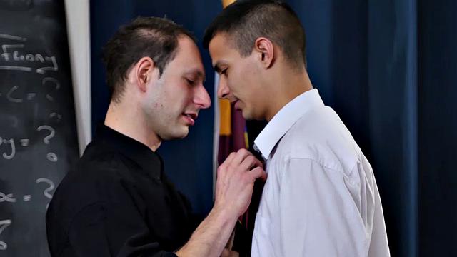 Young Will Sims likes older guys and has always had a thing for Victor, so he decides to see if he can entice the priest. At his desk, Will pulls out his hard and soon the two are kissing passionately.