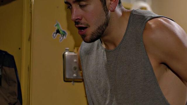 Watch this big-titted ebony babe get pounded hard in the locker room