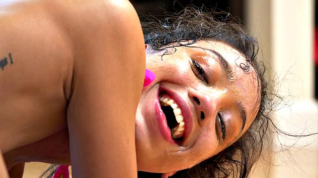 Obedient anal Ebony with small boobs fucked in ass and mouth