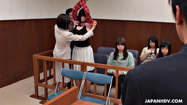 Shiori Uehara and Sena Sakura are fucked in a courtroom four-way