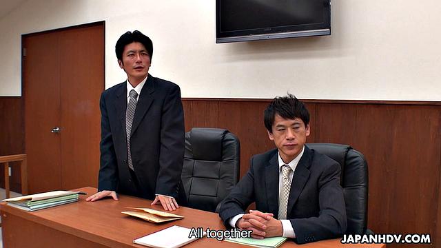 Shiori Uehara and Sena Sakura are fucked in a courtroom four-way