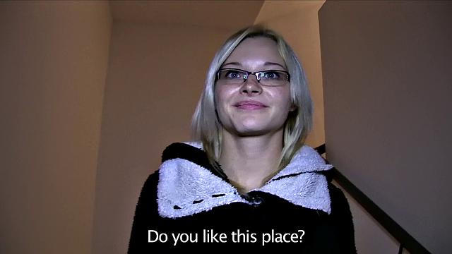 Sexy glasses babe fucks on public stairwell