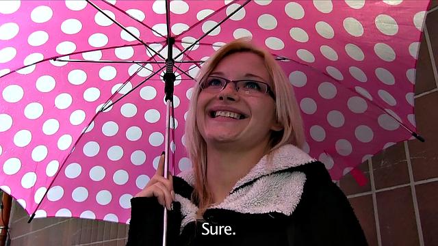 Sexy glasses babe fucks on public stairwell