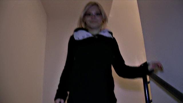 Sexy glasses babe fucks on public stairwell