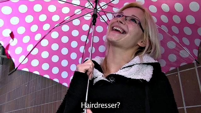 Sexy glasses babe fucks on public stairwell