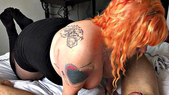 BBW lady sucks dick before cumshot on her big titties